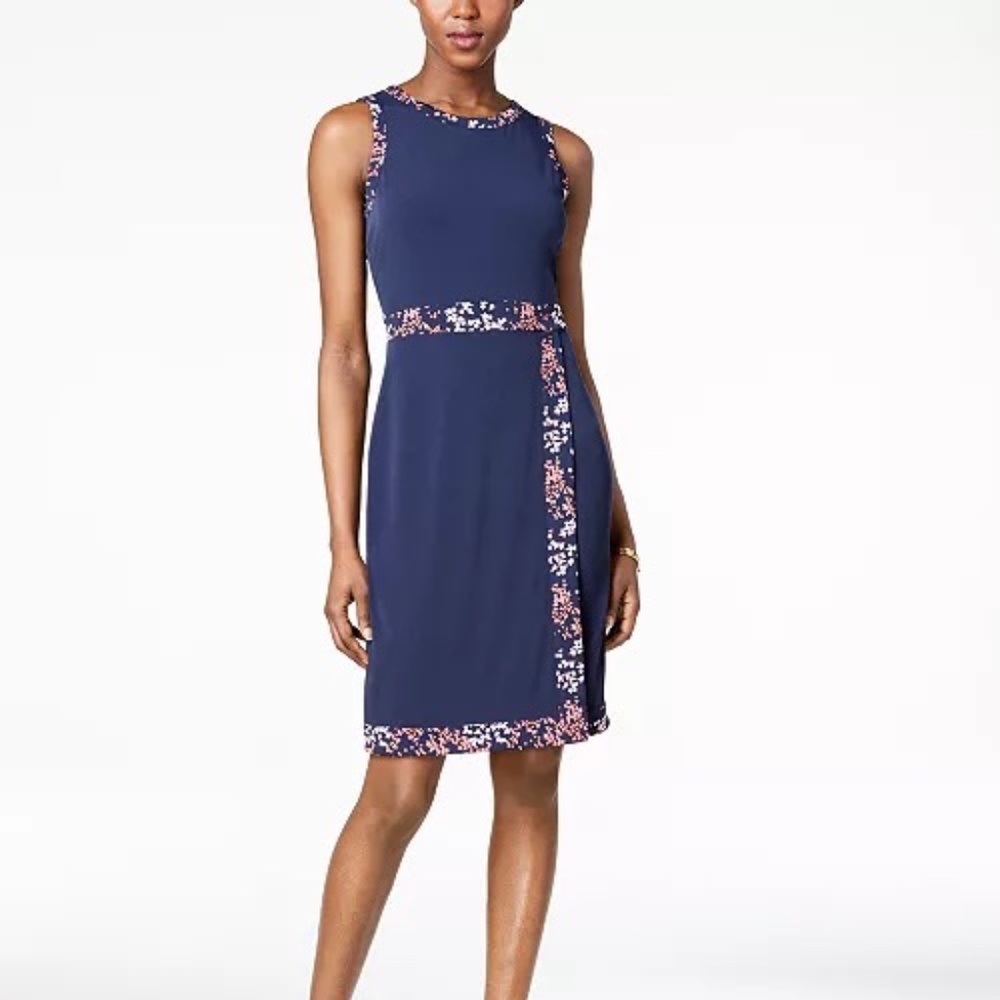 MICHAEL Michael Kors Navy Midi Dress with Pink & White Floral Trim